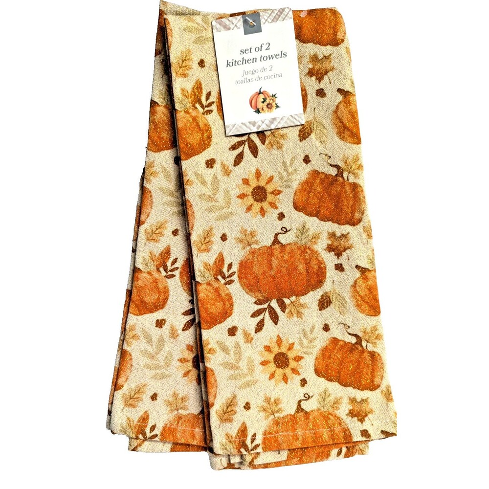 Sparkle Pumpkins Kitchen Towels 2-pc Fall Floral Leaves Orange Tan 16x28-in NEW